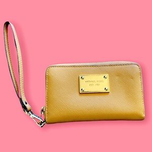 Michael Kors Tan and Gold Medium Sized Wristlet with Gold Hardware